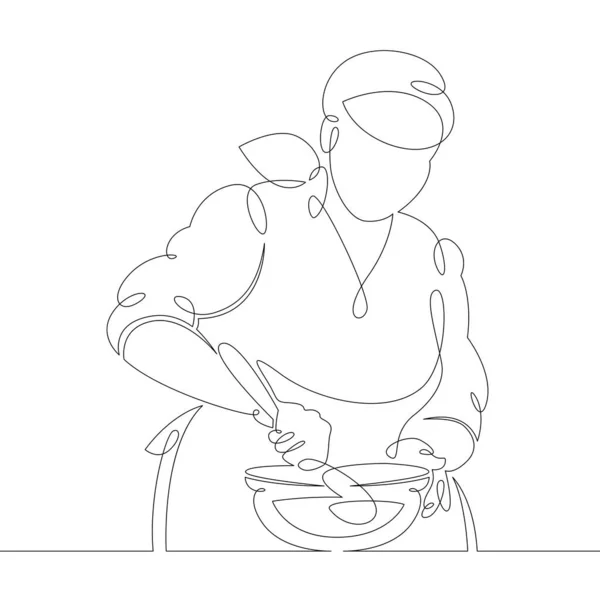 Mujer joven cocinera pastelera prepara comida en la cocina — Vector de stock