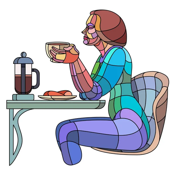 Belle jeune femme mince boit du café chaud à une table avec dessert dans un café. — Image vectorielle