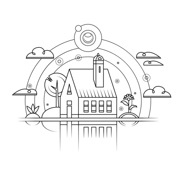 Абстрактный минимальный линейный эскизный плоский логотип символа частного дома на фоне ландшафтных и небесных тел. Отражение силуэта здания. — стоковое фото
