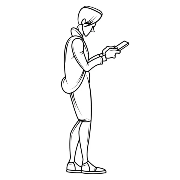 Mujer joven con el pelo corto en una chaqueta y falda con un teléfono en la mano. — Archivo Imágenes Vectoriales