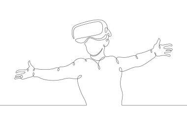 Sanal gerçeklik oynayan küçük bir çocuk. Sanal gerçeklik gözlüklü bir kaskın içindeki karakter. Bir tane sürekli çizim çizimi logosu tek elle çizilmiş resim karalaması izole edilmiş en küçük illüstrasyon.