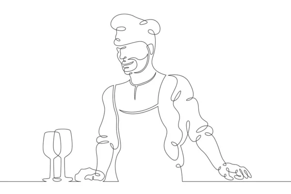 シェフは台所で食べ物を準備します 作業時の台所用品と一様で男性料理 ワン連続ドローイングラインロゴシングルハンド描画アートドア孤立最小限のイラスト — ストック写真