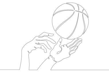 Basketbol maçı. Eller, basketbolu yakalamak için uzanıyor. Basketbol topu. Bir tane sürekli çizim çizimi logosu tek elle çizilmiş resim karalaması izole edilmiş en küçük illüstrasyon