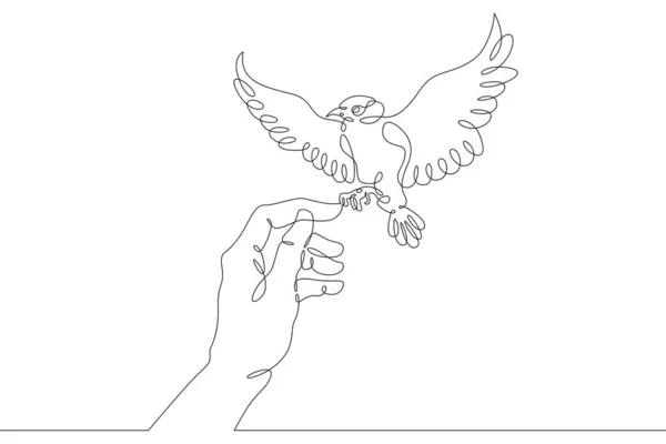 这只鸟坐在人的手上 鸟儿在空中飞翔 张开手掌一个连续的绘图线标识单手绘制的艺术涂鸦孤立极小的插图 — 图库照片