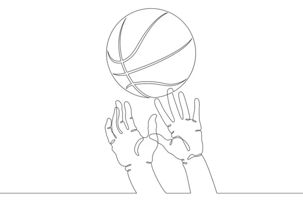 篮球赛 伸出手去抢比赛中的篮球 一个连续的绘图线标识单手绘制的艺术涂鸦孤立极小的插图 — 图库照片