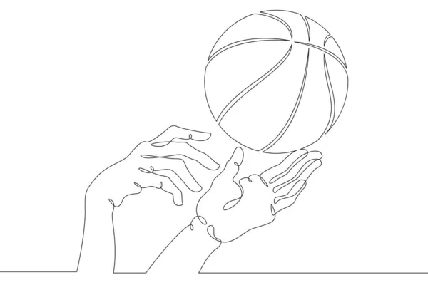 バスケットボールゲーム 手は試合でバスケットボールをつかむために手を差し伸べる バスケットボールボール 1つの連続図面ラインロゴシングル手描きアートドア孤立最小限のイラスト — ストック写真