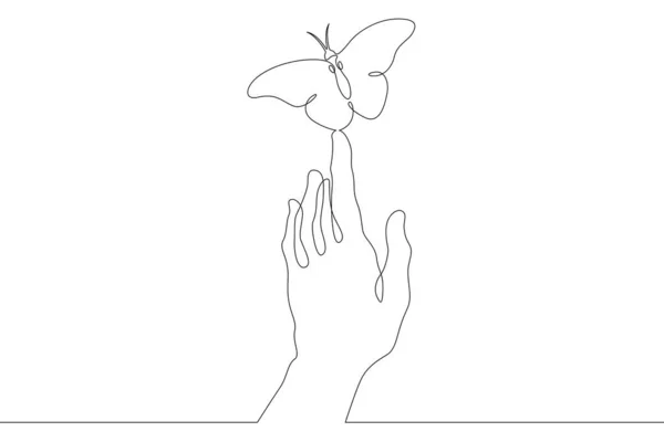 蝶の人間の手に座っている 空を飛ぶ蛾を昆虫 ヤシの木を 1つの連続図面ラインロゴシングル手描きアートドア孤立最小限のイラスト — ストック写真