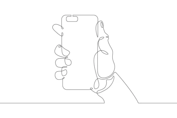 文字の手の中にスマートフォンの電話 1つの連続図面ラインロゴシングル手描きアートドア孤立最小限のイラスト — ストック写真