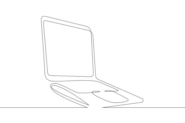开放的移动计算机笔记本电脑 一个连续的绘图线标识单手绘制的艺术涂鸦孤立的极小的插图 — 图库照片