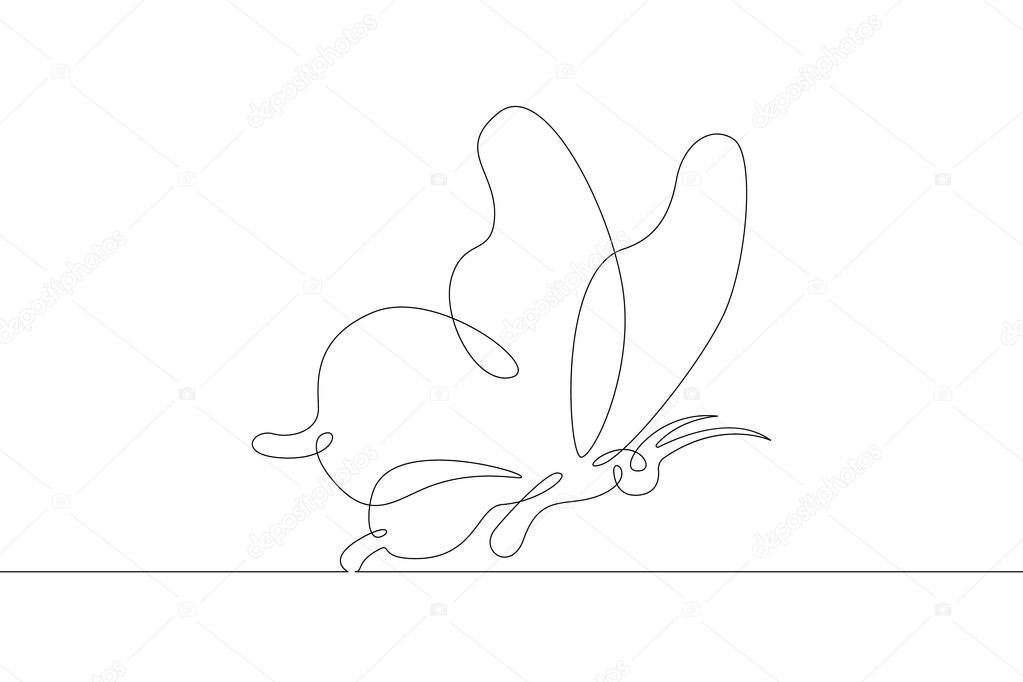 Butterfly insect flies in flight spreading its wings . One continuous drawing line  logo single hand drawn art doodle isolated minimal illustration.