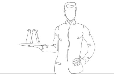 Laboratuvar asistanı bir laboratuarda deney tüpleri ve aletlerle çalışıyor. Eğitim ve Bilim. Bir tane sürekli çizim çizimi logosu tek elle çizilmiş resim karalaması izole edilmiş en küçük illüstrasyon.