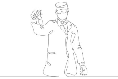 Laboratuvar asistanı bir laboratuarda deney tüpleri ve aletlerle çalışıyor. Eğitim ve Bilim. Bir tane sürekli çizim çizimi logosu tek elle çizilmiş resim karalaması izole edilmiş en küçük illüstrasyon.