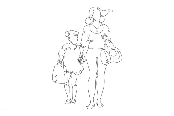 母は娘と散歩に行った 家族の買い物旅行 1つの連続図面ラインロゴシングル手描きアートドア孤立最小限のイラスト — ストック写真
