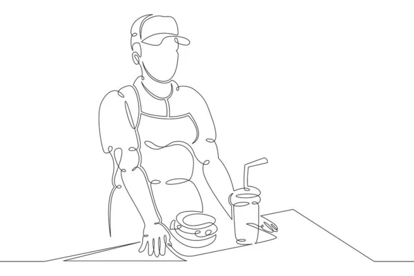 一家街上快餐馆的出纳员在工作 喝酒和吃饭 碳酸饮料和三明治 一个连续的画线标识单手画出的艺术涂鸦孤立的极小插图 — 图库照片