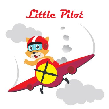 Uçakta uçan şirin bir pilotun vektör çizimi. Çizgi film tarzında. Kumaş, tekstil, çocuk odası duvar kağıdı, poster, kart, broşür için yaratıcı vektör çocuksu arka plan.