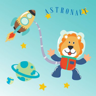 Uzaydaki sevimli küçük aslan astronot çizgi film tarzında uzay giysileri giyiyor. Kumaş, tekstil, bebek odası duvar kâğıdı, poster, kart, broşür için yaratıcı çocuksu bir geçmiş. vektör illüstrasyonu.