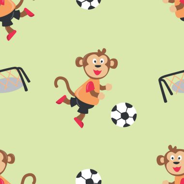 Şirin bir maymunun futbol oynadığı kusursuz bir şablon. Kumaş, tekstil, bebek odası duvar kâğıdı, poster, kart, broşür için yaratıcı çocuksu bir geçmiş. Vektör illüstrasyon arkaplanı.