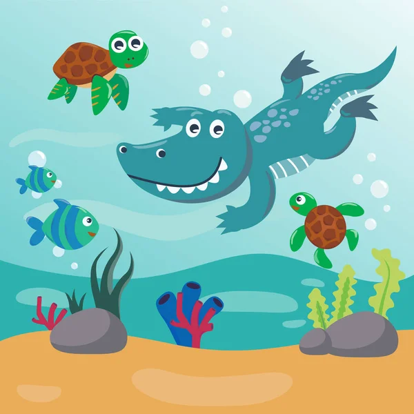 스타일의 재미있는 악어와 거북과 잠수하는 보육기 포스터 팜플렛등을 창의적 아이들의 — 스톡 벡터