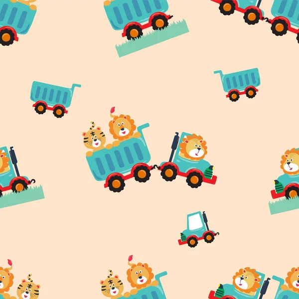 Vector seamless pattern with cute lion and tiger. Creative vector childish background for fabric, textile, nursery wallpaper, poster, card, brochure. Vector illustration background.