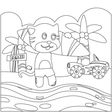 Hawaii 'de sörf yapan sevimli kedi yavrusu illüstrasyonunun yaratıcı vektörü. Çizgi film tarzında çocuklar için çizimler. Çocuklar için çocuksu tasarım aktivite boyama kitabı ya da sayfa.