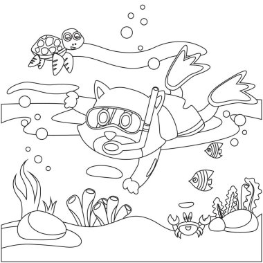 Yaratıcı vektör çocuksu illüstrasyon. Çizgi film tarzında komik kedi ve kaplumbağa dalışı. Çocuklar için çocuksu tasarım aktivite boyama kitabı ya da sayfa.