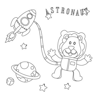 Uzaydaki şirin aslan astronotun çizgi film tarzında uzay giysileri giymesinin yaratıcı vektör çocukça tasviri. Çocuklar için çocuksu tasarım aktivite boyama kitabı ya da sayfa.