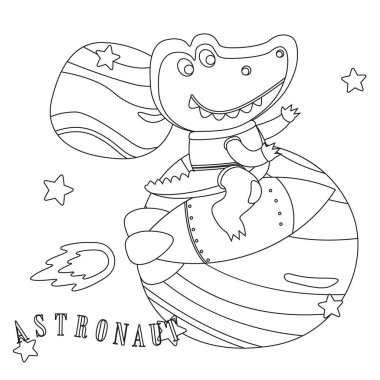 Çizgi film tarzında uzay giysileri giyen sevimli, küçük astronotun yaratıcı vektör çocuksu illüstrasyonu. Çocuklar için çocuksu tasarım aktivite boyama kitabı ya da sayfa.
