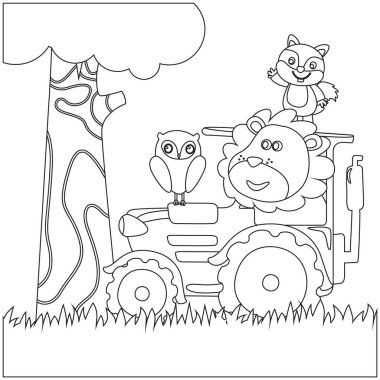 Çizgi film tarzında şirin bir aslan çiftliği arka planının yaratıcı vektör çocuksu tasviri. Çocuklar için çocuksu tasarım aktivite boyama kitabı ya da sayfa.