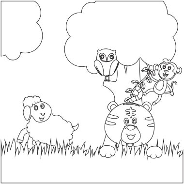 Yaratıcı vektör çocuksu illüstrasyon. Ormanda ya da ormanda kaplan, koyun, kuş ve maymunun vektör çizimi. Çizgi film tarzında. Çocuklar için çocuksu tasarım aktivite boyama kitabı ya da sayfa