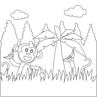 Muzlu mutlu bir maymunun yaratıcı çocuksu tasviri. Çocuklar için çocuksu tasarım aktivite boyama kitabı ya da sayfa.