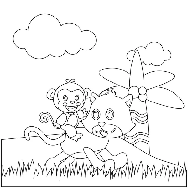 Vetor Criativo Infantil Ilustração Gatinho Bonito Macaco Correndo Selva Com —  Vetores de Stock