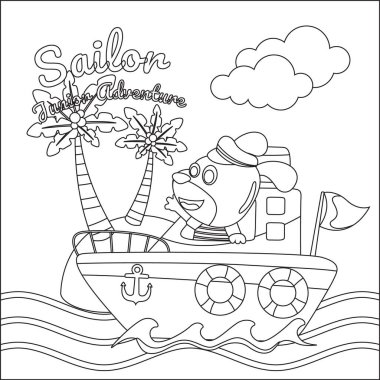 Çizgi film tarzıyla teknede sevimli bir köpek denizci. Çocuk aktivite kitabı ya da sayfa boyama için yaratıcı vektör tasarımı.