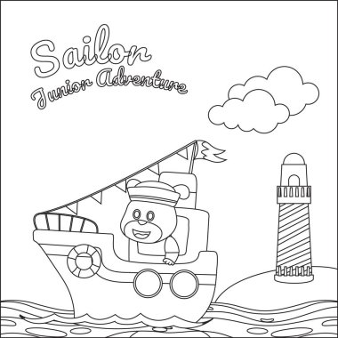 Çizgi film tarzıyla teknede sevimli bir köpek denizci. Çocuk aktivite kitabı ya da sayfa boyama için yaratıcı vektör tasarımı.