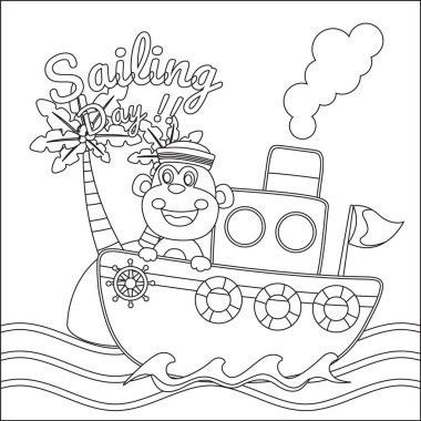 Çizgi film tarzıyla teknede sevimli bir köpek denizci. Çocuk aktivite kitabı ya da sayfa boyama için yaratıcı vektör tasarımı.