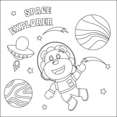 Çizgi film tarzında uzay giysisi giymiş bir astronot ya da uzay aslanı. Çocuk aktivite kitabı ya da sayfa boyama için yaratıcı vektör tasarımı.
