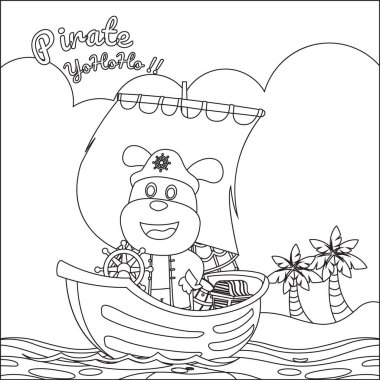 Denizdeki karikatür tarzında bir gemide köpek korsanın vektör çizimi. Çocuk aktivite kitabı ya da sayfa boyama için çizgi film stili çocuksu tasarımı.