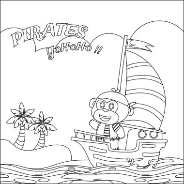 Denizdeki karikatür tarzında bir gemide maymun korsanın temsili. Çocuk aktivite kitabı ya da sayfa boyama için çizgi film stili çocuksu tasarımı.