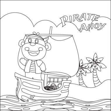 Denizdeki karikatür tarzında bir gemide maymun korsanın temsili. Çocuk aktivite kitabı ya da sayfa boyama için çizgi film stili çocuksu tasarımı.