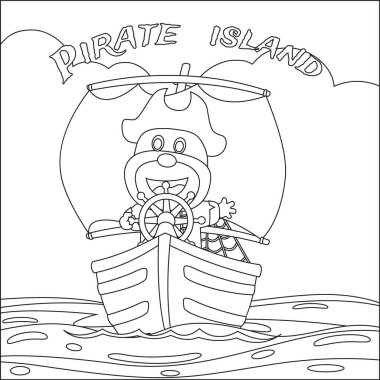 Denizdeki karikatür tarzında bir gemide ayı korsanı temsili. Çocuk aktivite kitabı ya da sayfa boyama için çizgi film stili çocuksu tasarımı.