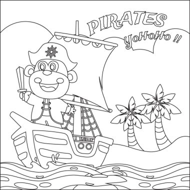 Denizdeki karikatür tarzında bir gemide maymun korsanın temsili. Çocuk aktivite kitabı ya da sayfa boyama için çizgi film stili çocuksu tasarımı.
