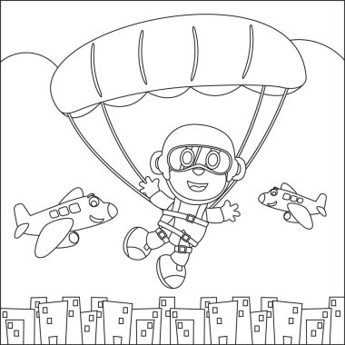 Küçük maymun, uçak ve bulutlarla hava dalışının vektör karikatür çizimi, çocuk aktivite kitabı veya sayfa boyama için çizgi film tarzı çocuk tasarımı.