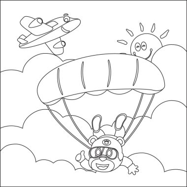 Küçük ayılar, uçaklar ve bulutlar ile hava dalışının vektör karikatür çizimi, çizgi film tarzı çocuk aktivite kitabı ya da sayfa boyama.