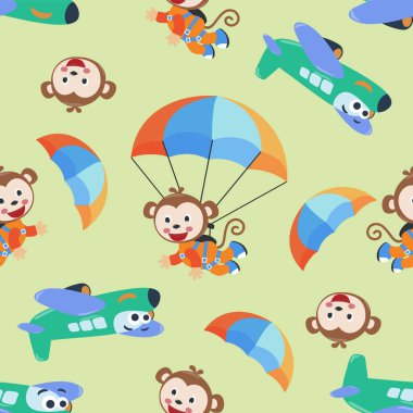 Hava dalışı maymunu, paraşüt ve uçaklarla kusursuz bir rota. Çocukların tekstil baskısı için tasarım konsepti, bebek odası duvar kağıdı, ambalaj kağıdı. Hoş, komik bir arka plan..