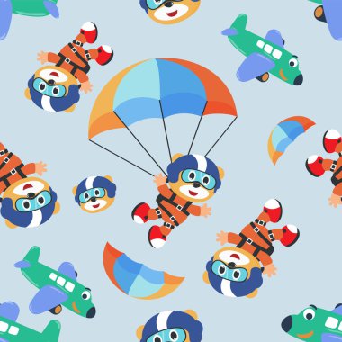Paraşüt kaplanı, paraşüt ve uçaklarla kusursuz bir rota. Çocukların tekstil baskısı için tasarım konsepti, bebek odası duvar kağıdı, ambalaj kağıdı. Hoş, komik bir arka plan..
