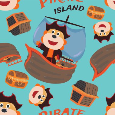 Komik aslan korsan karikatürü, kumaş, tekstil, çocuk odası, bebek kıyafetleri, arka plan, tekstil, ambalaj kağıdı ve diğer dekorasyonlar için şirin denizci deseni olan vektörsüz desen..