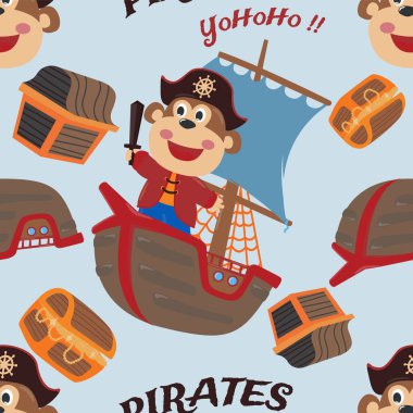 Komik maymun korsan karikatürü, kumaş, tekstil, kreş, bebek kıyafetleri, arka plan, tekstil, ambalaj kağıdı ve diğer dekorasyonlar için şirin deniz desenli vektör kusursuz desen..