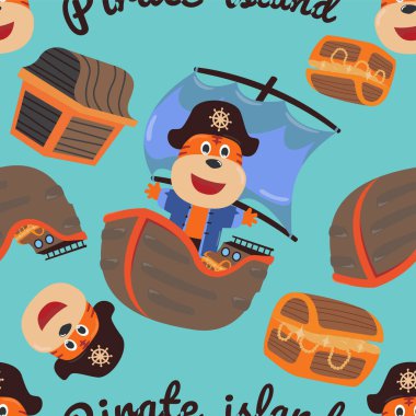 Komik maymun korsan karikatürü, kumaş, tekstil, kreş, bebek kıyafetleri, arka plan, tekstil, ambalaj kağıdı ve diğer dekorasyonlar için şirin deniz desenli vektör kusursuz desen..