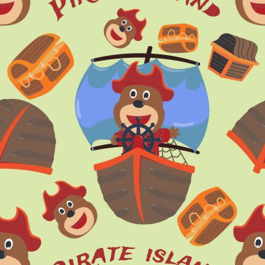 Komik ayı korsan karikatürü, kumaş, tekstil, çocuk odası, bebek kıyafetleri, arka plan, tekstil, ambalaj kağıdı ve diğer dekorasyonlar için şirin deniz desenli vektör kusursuz desen..