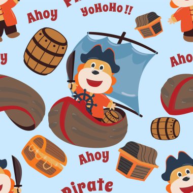 Komik aslan korsan karikatürü, kumaş, tekstil, çocuk odası, bebek kıyafetleri, arka plan, tekstil, ambalaj kağıdı ve diğer dekorasyonlar için şirin denizci deseni olan vektörsüz desen..