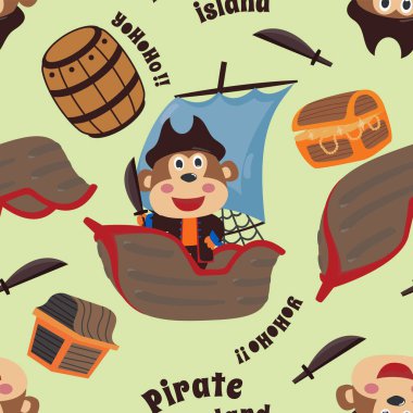 Komik maymun korsan karikatürü, kumaş, tekstil, kreş, bebek kıyafetleri, arka plan, tekstil, ambalaj kağıdı ve diğer dekorasyonlar için şirin deniz desenli vektör kusursuz desen..